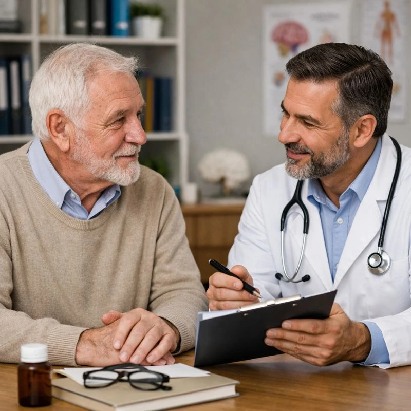 רופא גריאטר מדבר עם גבר מבוגר במרפאה